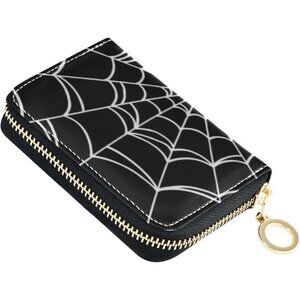 Women's Spider Web Leather Zipper Card Case Accordion Credit Card Holder Wallet
